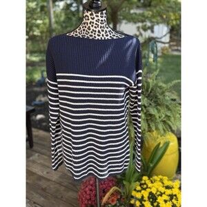 GAP Womens Medium Sweater Boat Neck Ribbed Cotton Knit Striped Coastal Blue